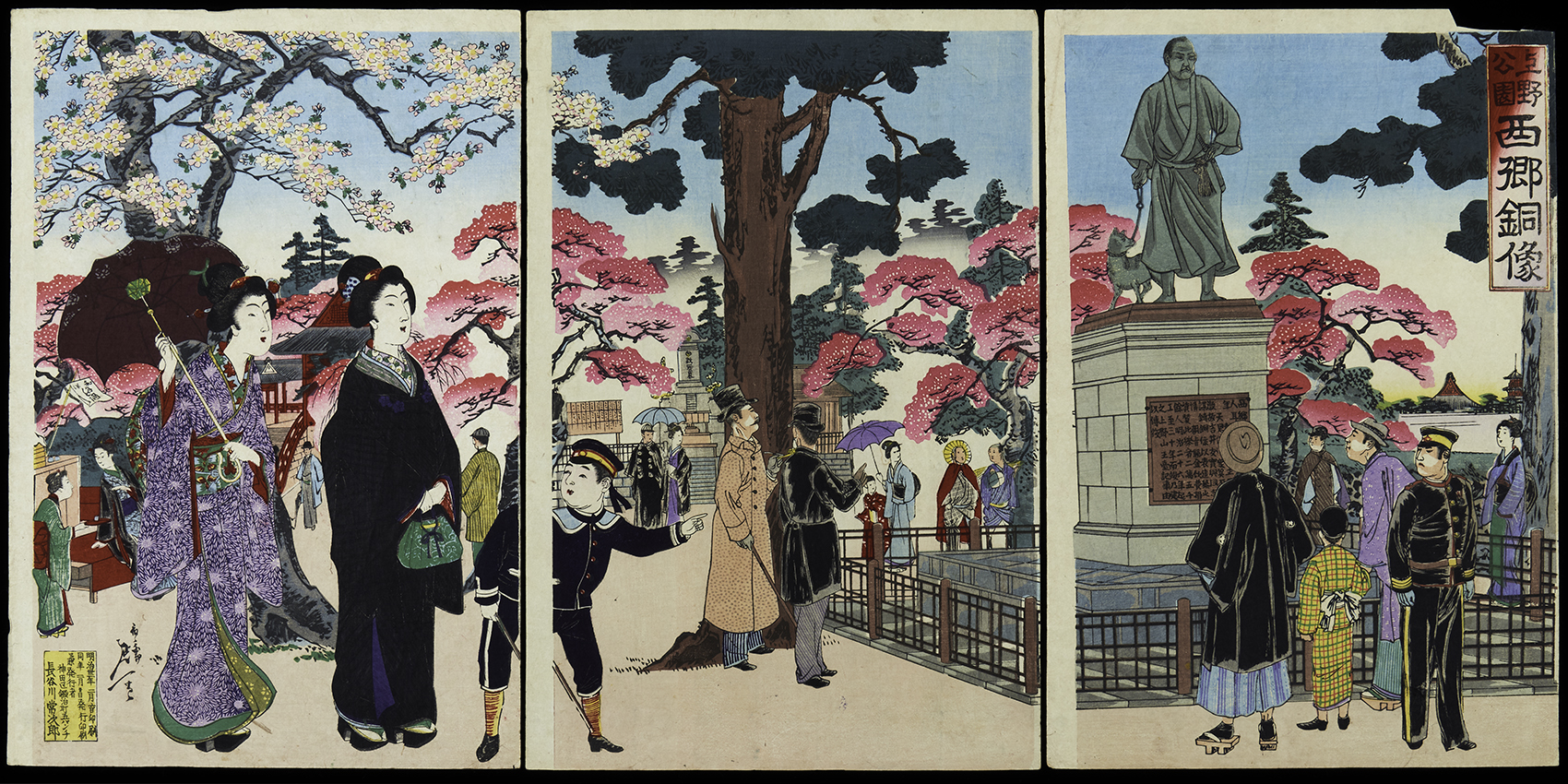 Across a triptych woodblock print, groups of people stroll through a park in Japan