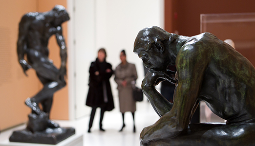 Tragic Museum exhibition opening, showing Rodin's The Thinker